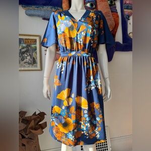 Vintage GOLDWORM DRESS Flutter Sleeve Grape Fruit Print Italian Floral 1970s